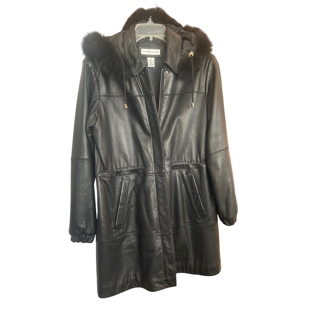 Preston & York -vintage black lamb skin leather with fox trimmed detachable hood